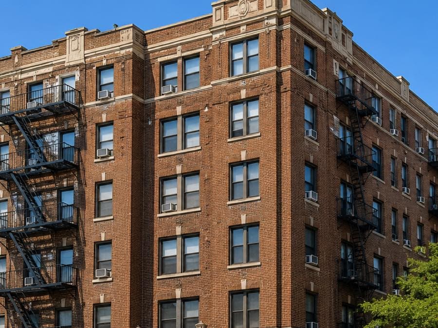 A pre-war brick apartment building with fire escapes and window air conditioners, the kind with a dryer in each unit