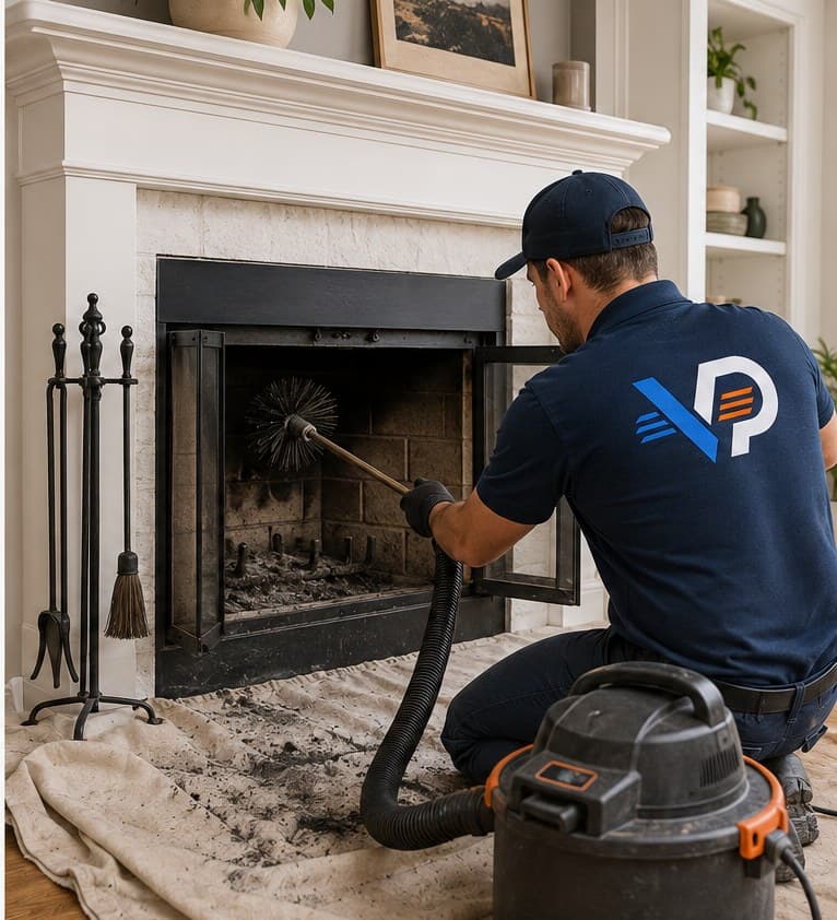Vent Pro NYC technician cleaning a fireplace from inside the home with a rotary brush and vacuum
